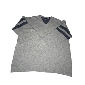 GAP Men's Gray V Neck Lambswool Sweater Striped Sleeves Size L Classic Academia